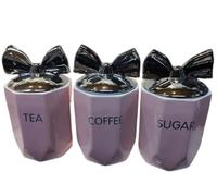 DEENZ Set Of 3 Jars Silver Bow Lid Kitchen Canister Jar For Tea Coffee Sugar Storage Pots Marble Effect Home Decor Dining Table Eye-Catching Glamorous Design (Blush)