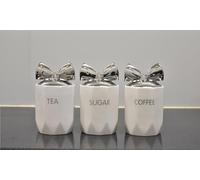 DEENZ Set Of 3 Jars Silver Bow Lid Kitchen Canister Jar For Tea Coffee Sugar Storage Pots Marble Effect Home Decor Dining Table Eye-Catching Glamorous Design (White)