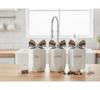 DEENZ Set Of 3 Jars Silver Bow Lid Kitchen Canister Jar For Tea Coffee Sugar Storage Pots Marble Effect Home Decor Dining Table Eye-Catching Glamorous Design (White)