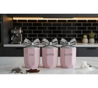 DEENZ Set Of 3 Jars Silver Bow Lid Kitchen Canister Jar For Tea Coffee Sugar Storage Pots Marble Effect Home Decor Dining Table Eye-Catching Glamorous Design (Blush)