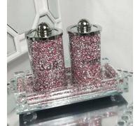 DEENZ Set Of 3 Pink Diamond Crushed Salt & Pepper Canisters Jars With Tray Storage Pink & Silver Crystal Display Gift Present For All Occassion Home Decor