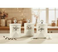 Deenz Set Of 3 Tea, Coffee, Sugar Ceramic Jar Kitchen Storage Texture Canister Crystal Ball Knob Lid Silver Name Label White 12Cm