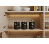 Deenz Set Of 3 Tea, Coffee, Sugar Ceramic Jar Kitchen Storage Texture Canister Crystal Ball Knob Lid Silver Name Label Black 12Cm