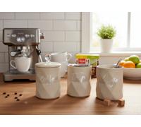 Deenz Set Of 3 Tea, Coffee, Sugar Ceramic Jar Kitchen Storage Textured Pattern Canister Crystal Ball Knob Lid Name Label Grey 12Cm