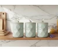 Deenz Set Of 3 Tea, Coffee, Sugar Ceramic Jar Kitchen Storage Textured Pattern Canister Crystal Ball Knob Lid Name Label Cyan 12Cm