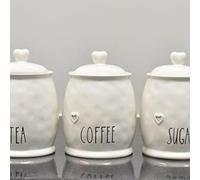 Deenz Set Of 3 White Ceramic Tea, Coffee & Sugar Kitchen Storage Heart Lid Jars/canisters Shabby Chic Love Name Label 12 X 17 Cm