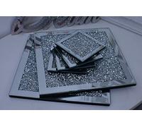 Deenz Set Of 4 Coasters & 2 Placemat Crushed Crystal Sparkle Diamond Glitter Mirrored Silver Home Décor Eye Catching Lovely Display
