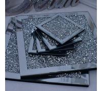 Deenz Set Of 4 Coasters/2 Placemat Crushed Crystal Sparkle Diamond Glitter Mirrored Silver Home Décor Lovely Display