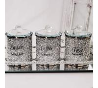 Deenz Set Of Crystal Crushed Tea Sugar Jars & Metal Corner Crushed Tray Silver Crushed Glass Tube
