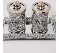 Deenz Set Of Diamond Crushed Salt Pepper Jars & Mirrored Crystal Candle Plate Elegant Addition To Your Home- Best Gift