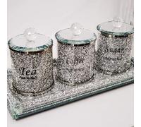 Deenz Set Of Diamond Crushed Tea Coffee Sugar Jars & Full Crushed Diamond Rectangle Tray Candle Holder 39X18Cm