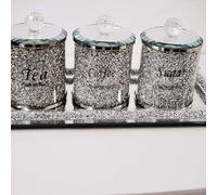 Deenz Set Of Diamond Crushed Tea Coffee Sugar Jars & Mirrored Crystal Candle Plate 39X18Cm - Best Gift