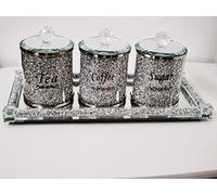 DEENZ Set Of Diamond Crushed Tea Coffee Sugar Jars & Mirrored Crystal Candle Plate 39X18Cm Elegant Addition To Your Home- Best Gift