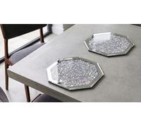 DEENZ Set Of Silver Octagonal Shape Mirrored Border 4x Coasters & 2x Placemats Crushed Crystal Diamond Glass Kitchen Dining Tabletop Serveware Decor 25x25Cm (2x Placemats)