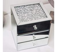 Deenz Silver Crushed Diamante Mirrored Glass Jewellery Box Black Velvet Inlay Trinket Storage ( Three Drawer )