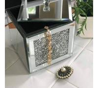 Deenz Silver Crushed Diamante Mirrored Glass Jewellery Box, Eye-Catching Design, Black Velvet Inlay, Trinket Box, Square Shape