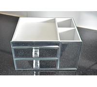 DEENZ SILVER CRUSHED DIAMANTE MIRRORED GLASS JEWELLERY BOX WITH 2 DRAWERS + MAKEUP BRUSH HOLDER