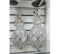DEENZ Silver Set Of 2 Pineapples Sparkle Bling Ornament Crushed Diamond