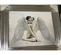 Deenz SITTING ANGEL WITH WHITE WINGS MODERN GLITTER LIQUID ART WALLART Chrome Frame