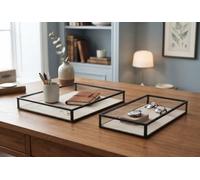 DEENZ Sleek Set Of 2 Glass/Linen Trinket Tray Minimalist Storage 24x14x3Cm