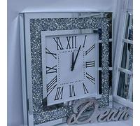 DEENZ Square Crushed Jewel Mirror Wall Clock Black Hands Roman Diamante