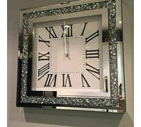 Deenz Square Loose Diamante Mirrored Wall Clock Crushed Jewel Roman Number Glass Clock 35Cm