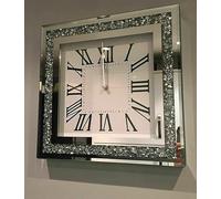 DEENZ SQUARE LOOSE DIAMANTE MIRRORED WALL CLOCK CRUSHED JEWEL ROMAN NUMBER GLASS CLOCK 35CM