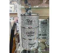 Deenz Stackable Diamond Crushed Tea Coffee Sugar Canisters Jars Round Shaped Kitchen Storage Crystal Filled Home Decor (Silver)