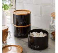 DEENZ Stackable Tea Coffee Sugar Storage Jars 3Pk Round Black