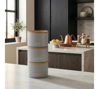 DEENZ Stackable Tea Coffee Sugar Storage Jars 3Pk Round Food Canisters Ceramic Great Storing Beans Matte Finish And Wooden Airtight Lids Storage Jars (Grey 140)
