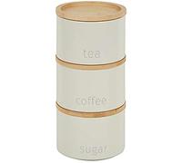 DEENZ Stackable Tea Coffee Sugar Storage Jars 3Pk Round Food Canisters Ceramic Great Storing Beans Matte Finish And Wooden Airtight Lids Storage Jars (Cream 141)