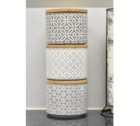 DEENZ Stackable Tea Coffee Sugar Storage Jars 3Pk Round Food Canisters Ceramic Great Storing Beans Matte Finish And Wooden Airtight Lids Storage Jars (Geometric Embossed)