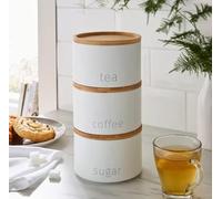 DEENZ Stackable Tea Coffee Sugar Storage Jars 3Pk Round Food Canisters Ceramic Great Storing Beans Matte Finish And Wooden Airtight Lids Storage Jars (White 142)