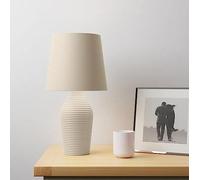 DEENZ Stoneware Table Lamp Faux Linen Fabric Shade with A Satin Ribbed Glazed Reading, Bedroom, Living Room, Study, Office (Hummus)