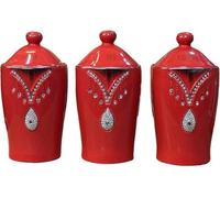 Deenz Tea Sugar Coffee Canister Jar Storage Set Of 3 With Sparkling Crystal Diamante Elements (Red)