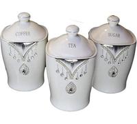 Deenz Tea Sugar Coffee Canister Jar Storage Set Of 3 With Sparkling Crystal Diamante Elements (White)
