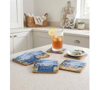 Deenz The Set Of Summer Walk On The Beach Mdf 6 Coasters Cork Back Coastal Beach Design Tabletop Surface Protector Decor 10X10X3Cm