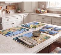 Deenz The Set Of Summer Walk On The Beach Mdf 6 Placemat & 6 Coaster Cork Back Coastal Beach Design Tabletop Surface Decor 21X29Cm