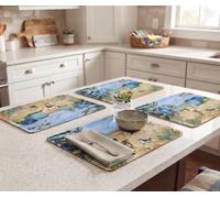 DEENZ The Set Of Summer Walk on the Beach MDF 6 Placemats & 6 Coasters Cork Back Coastal Beach Design Tabletop Surface Protector Decor Sealed Edges 29x21.5x3Cm, 6x Placemats
