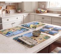 DEENZ The Set Of Summer Walk on the Beach MDF 6 Placemats & 6 Coasters Cork Back Coastal Beach Design Tabletop Surface Protector Decor Sealed Edges 29x21.5x3Cm, 6x Coasters with 6x Placemats