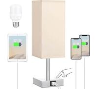 DEENZ Touch Lamps with USB & Type C Port Nightstand Lamp Charge Ports 3 Way Dimmable Bedside Silver (Square Base) Lamp with Fabric Shade Small Table Lamp for Bedroom Living Room Bulb Included (Beige)