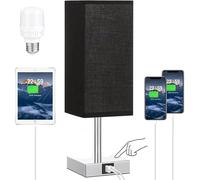 DEENZ Touch Lamps with USB & Type C Port Nightstand Lamp Charge Ports 3 Way Dimmable Bedside Silver (Square Base) Lamp with Fabric Shade Small Table Lamp for Bedroom Living Room Bulb Included (Black)
