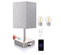 DEENZ Touch Lamps with USB & Type C Port Nightstand Lamp Charge Ports 3 Way Dimmable Bedside Silver (Square Base) Lamp with Fabric Shade Small Table Lamp for Bedroom Living Room Bulb Included (Grey)