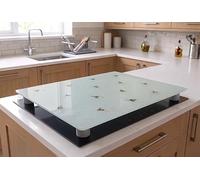 DEENZ White Rectangular Honeycomb Bee Design Hob Cover for All Types of Cooker 5Mm Glass Worktop Saver Kitchen Accessory Décor Cutting Board 52x60Cm, HOB Cover & 4X Grey FEET