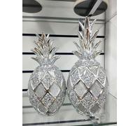 DEENZ Xl Silver Set Of 2 Pineapples Sparkle Bling Ornament Crushed Diamond Shelves Display Home Decor
