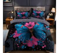 Deep Black Duvet Cover Sets Super King Size Doodle Butterfly Daisy Printed Bedding Set 3 Pcs Microfiber Soft Quilt Cover 260x220 cm & 2 Pillowcases 50x75 cm with Zipper Closure