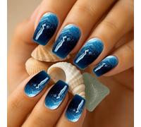 Deep Blue Gradient Galaxy Ocean Swirl Acrylic Press-On Nails Set Long Square Shaped - 24pcs Glossy False Nails For Adult Evening Events And Stylish Daily Wear With Full Hand Coverage