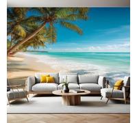 Deep Blue Photo Wallpaper 3D Effect Beach Palm Trees Mural Wallpaper Non-Woven Wall Mural, 350 x 256 cm Large Murals Wall Decor for Bedroom, Living Room, Kids Room