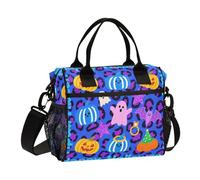 Deep Blue-purple Leopard Print Halloween Joy Women Lunch Bag with Water Bottle Holder Heavy Duty Lunch Bag with Shoulder Strap Lady Camping M