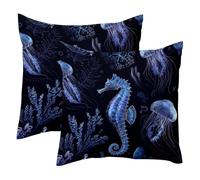 Deep Blue Seahorse Jellyfishes Corals 2 Pack Square Throw Pillow Covers Decorative Soft Velvet Pillowcase for Couch Sofa Bed Car Living Room, 40x40cm